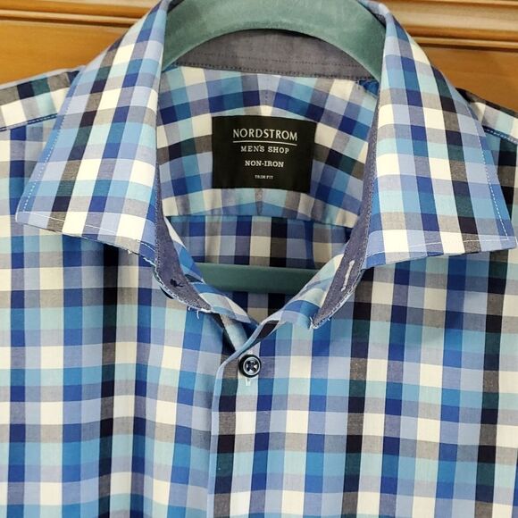 NORSTROM mens dress‎ shirt blue plaid. Trim fit size 15. Great condition. - Picture 2 of 9